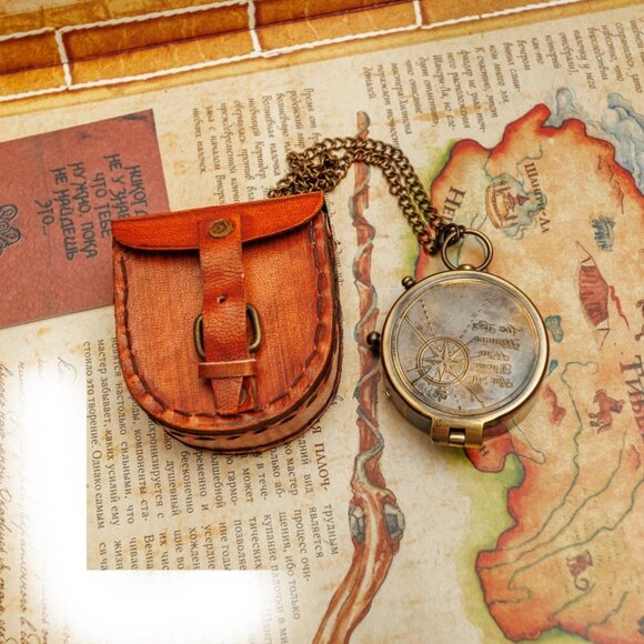 Brass Compass with Leather Case Not All Those Who Wander Are Lost 2 Inch - Picture 1 of 7